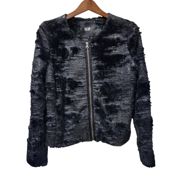 BDB Buffalo David Bitton Womens Medium Black Faux Fur Sequin Jacket Collarless - Picture 1 of 8